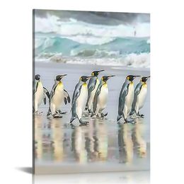 Coastal Penguin Wall Art Beach Ocean Pictures Wall Decor Cute Penguin Canvas Prints Framed Home Decoration Painting Artwork for Bathroom Bedroom Living Room Office
