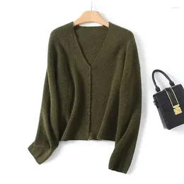 Women's Knits Maxdutti French Fashion Simple Olive Green Single Breasted Cardigans Tops Casual Office Women Ladies Jacket Sweaters