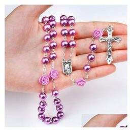 Pendant Necklaces Purple Prayer Beads Catholic Rosary Long Necklace For Women Mens Relius Madonna Jesus Cross Rose Flower Chains Drop Dhudz