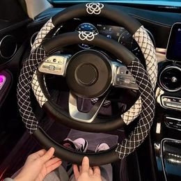 Steering Wheel Covers 2024 Creative Camellia Ctton Flax Leather Simple Fashion Handle Bar Cover Car