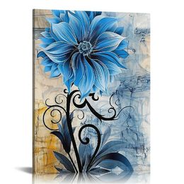 Mordern Abstract Wall Art - Canvas Wall Art Navy Blue Flower Framed Artwork, Watercolour Dahila Pictures Prints Wall Decor for Bathroom Kitchen, Bedroom Living Room