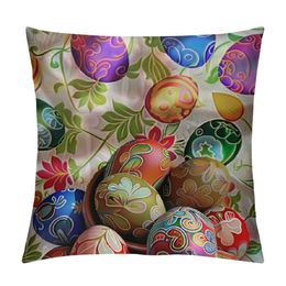 Easter Pillow Case Colorful Eggs Flowers Leaves Polka Dot Circles On Eggshell Pillow Cover Decorative Square Cushion Accent for Christmas Sofa Chair