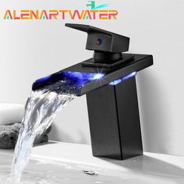 Bathroom Sink Faucets LED Waterfall Basin Faucet Temperature Colors Changing And Cold Water Mixer Tap Deck Mounted Wash