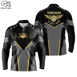 Bowling polo shirts for men Custom team name black Bowling Team Jersey gift for team Bowlers 3D Printed Long sleeved Polo Shirts