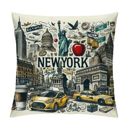 New York City Doodles Throw Pillow Case 16x16 Statue of Liberty, Broadway, Coffee, Museum, Central Park Pillow Cushion Cover Decorative Waist Home Decorations