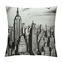 New York Throw Pillow Cushion Cover, Vintage Hand Drawn Urban Scenery with Skyscrapers Sketch Style Downtown, Decorative Square Accent Pillow Case, Charcoal Grey