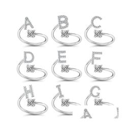 Solitaire Ring Band Rings Jewellery Gold Colour Initials A-Z Letter Alphabet Adjustable Opening Rhinestone Finger For Women Party Weddin Dhga6