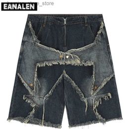 Men's Shorts Harajuku Vintage Functional Embroidered Star Pattern Denim Shorts Mens Oversized Sunny Bermuda Casual Shorts College Pants Y2K Q240529