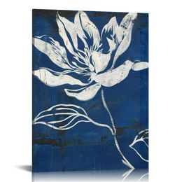 Blue and White Bathroom Decor Magnolia Flower Wall Art Abstract Floral Painting Modern Boho Minimalist Artwork Framed Ready to Hang