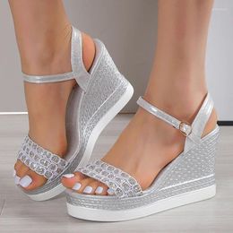 Dress Shoes Gold Silver Glitters Wedge Sandals Women Buckle Strap Chunky Platform Sandles Woman Summer Non-Slip Thick Sole Sandalias Mujer