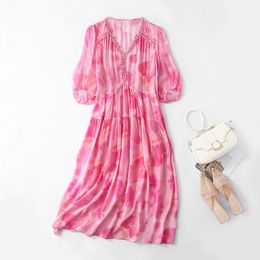 2024 Summer Pink Floral Print Panelled Dress 1/2 Half Sleeve V-Neck Silk Midi Casual Dresses C4A2390321