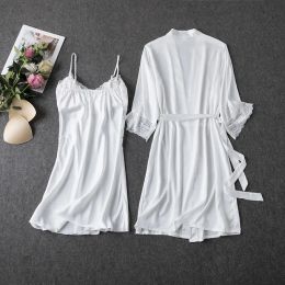 2PCS Pajamas Set White Women V-Neck Sleepwear M-XL Lace Kimono Sexy Nightshirts Flower Nightwear Robe Gown Sleep Suit Nightgown