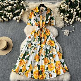 High end womens fashion dress 2024 summer new collection waist slimming temperament printed large hem shirt long skirt
