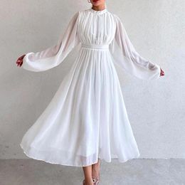 Casual Dresses Fashion Half High Collar Mesh Maxi Dress Women Solid Pleated Bridesmaid Spring Elegant Long Sleeved Waist