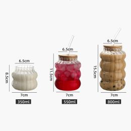 Wave Shape Beverage Glasses with Straw and Wooden Lid Vintage Glass Cups Wine Mugs Ripple Drinking Glasses for Juice Coffee Home