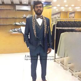 Appliques Embroidered Men Suits for Wedding Party Wear Dinner Groom Tuxedos Dresswear 3 Pieces Bridegroom Prom Blazers Male