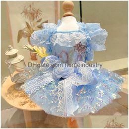 Dog Apparel Summer Cute Strap Pet Clothing Handmade Blue Lace Sequin Bowtie Decoration Party Princess Dress 230616 Drop Delivery Dhvrk