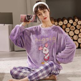 Girls Purple Nightgown Sexy Pyjamas Suit Nightwear Homewear Flannel Pijamas Lingerie Loose Coral Fleece 2PCS Top&Pant Sleep Wear