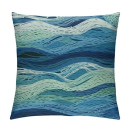 Throw Pillow Cover Abstract Blue Waves Hand Drawn Striped Sea Pattern Ocean Bright Art Modern Decor Lumbar Pillow Case Cushion for Sofa Couch Bed Standard Queen