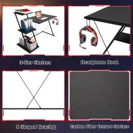 Laptop Study Reading Desk Table 51'' Gaming Desk With 3-Tier Open Shelf Come With Headset Hook in Black Computer Desks Furniture