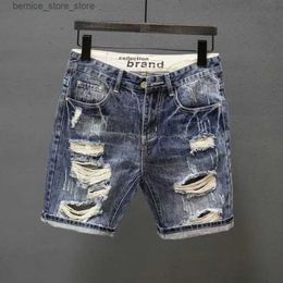 Men's Shorts Mens Ripped Denim Shorts Fashionable Summer Slim Shorts Pants with Distressed Ripped Design Holes Korean Style Short Jeans Male Q240529