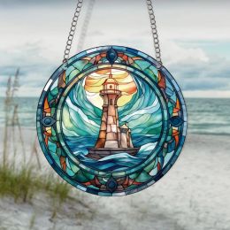 Ocean Sunset Lighthouse Blue Sea Window Suncatcher Wall Door Decor Hanging Ornament Home Garden Ornaments Acrylic Round Plate