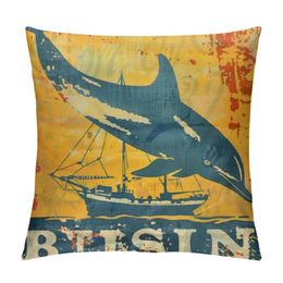 Vintage Ocean Decor Throw Pillow Cover Quote Sea Animals Sailing Ships Pattern Coastal Cushion Covers Square Pillow Case Decorative Beach Sofa Couch,