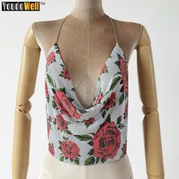 Women's Tanks V Neck T-Shirt Sexy Babes Wrapped Chest Metal Sequin Tank Rose Pattern Nightclub Music Festival Party Tops For Women S