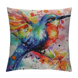 Watercolor Hummingbird Throw Pillow Cover Bright Colorful Rainbow Splash Stain Pillow Case Decorative Square Cushion for Home Couch Bed