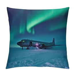 Aurora Throw Pillow Cushion Cover, Plane Wreck Under Aurora Misty Winter Day View, Decorative Square Accent Pillow Case, Petrol Blue Lime Green