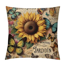 Sunflower Decorative Throw Pillow Covers Cushion Case, Vintage Sunflowers Butterflies Farmhouse Pillowcase Cosy Pillow Cover for Couch Sofa Bed Garden Chair Car