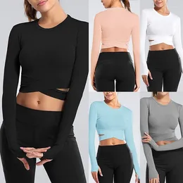 Active Shirts Female Clothing Fitness Gym Crop Tops Sport Wear Seamless Long Sleeve Running Sexy Exposed Navel Yoga Set