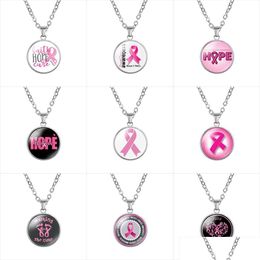 Pendant Necklaces Breast Cancer Awareness Pink Ribbon For Women Glass Faith Hope Cure Believe Letter Chains Fashion Jewelry In Bk Drop Dhibl