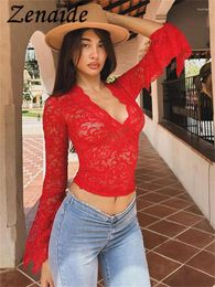 Women's T Shirts Zenaide 2024 Deep V Neck Hollow Out See Through Shirt Summer Flare Long Sleeve Lace Crop Tops Y2K Holiday Women Clothes