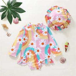 Toddler Baby Girl 1Piece Swimsuit Long Sleeve Flower Print Rash Guard Bathing Suit Ruffled Swimwear with Swimming Cap 240522