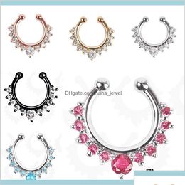 Nose Rings Studs Studs Body 50Pcs Rhinestone Crystal Septum Clicker Rings Non Piercing Hanger Clip On Jewellery Fake Nose Hoop Piercin Dhmdf