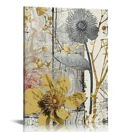 Abstract Yellow Flowers Canvas Wall Art Dandelion Prints Rustic Grey Background Floral Canvas Frame Artwork for Modern Living Room Bedroom Decoration