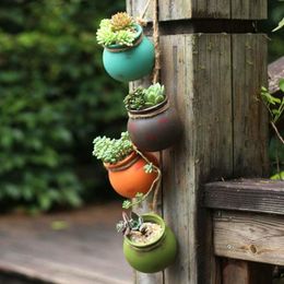4pcs Wallmounted Ceramic Flower Pot Hanging Succulent Cactus Bonsai Planters Container Hemp Rope Garden Decoration 2204069145811