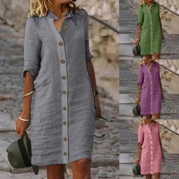 Casual Dresses Fashion Summer 2024 Women'S Midi Skirt Shirt Dress Button 1/2 Sleeve Lapel Cotton Woman Clothing