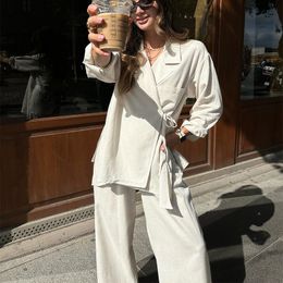 Fashion Asymmetric Cotton and Linen Suit Women Loose Vneck Long Sleeve top Wide Leg Pant Suits Female Lady Commute Sets 240522