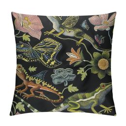 Cosy Throw Pillow Cover Vintage Frogs Lotus Flowers and Butterfly Decorative Square Pillowcase Throw Cushion Case for Bedroom, Living Room, Sofa, Couch and Bed