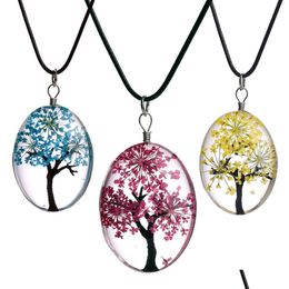Anhänger Halsketten Mode getrocknete Blütenproben Ovales Glas Cabochon Tree of Life Leder Wachs Seilketten für Frauen DIY Juwely Geschenk Dr Dhyad