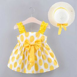 Girl's Dresses Baby Summer Polka Dot Dress Bow Sling ldrenS Clothing 2023 New Girls Skirt Hat H240527