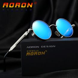Sports Polarized Men's Sunglasses AORON Gothic Steampunk Mirrored Round Circle spectacles Retro UV400 Glasses Vintage with Brand case 224I