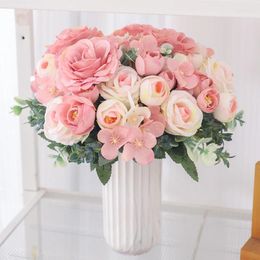 Decorative Flowers Artificial Pink Silk Peony Hydrangea Bouquet Room Home Decorations Party Wedding Bride Rose Fake Plants Christmas