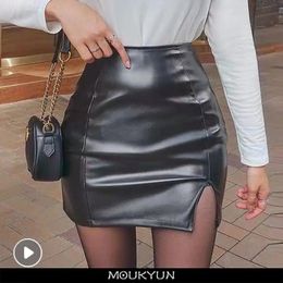 MOUKYUN Black Mini Sexy Skirt Sexy High Waist Package Hip Pencil Skirt Women Korean Fashion Pu Faux Leather Split Short Skirts 240529