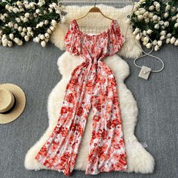 Travel and vacation wear beach pants for summer new chic sexy off shoulder waist slimming floral jumpsuit