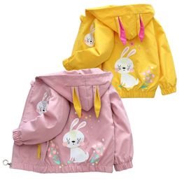 어린이 스프링 만화 재킷 여자 귀여운 토끼 귀 패턴 캐주얼 코트 가을 패션 후드 짧은 겉옷 9m-6y l2405