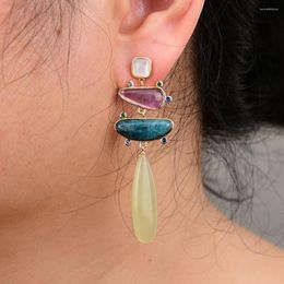 Dangle Earrings G-G Natural Stone Amethyst Apatite Teardrop Yellow Jade Cubic Zirconia Gold Plated White Shell Stud
