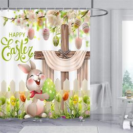 Funny Easter Rabbit Shower Curtain Green Leaves Spring Flowers Butterfly Bunny Colourful Eggs Bath Curtains Cloth Bathroom Decor